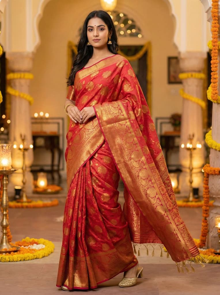 MIMOSA Women's Woven Design Kanjivaram Style Art Silk Saree with Blouse Piece - Strawberry ( SA00003142STFREE ) — Default Title