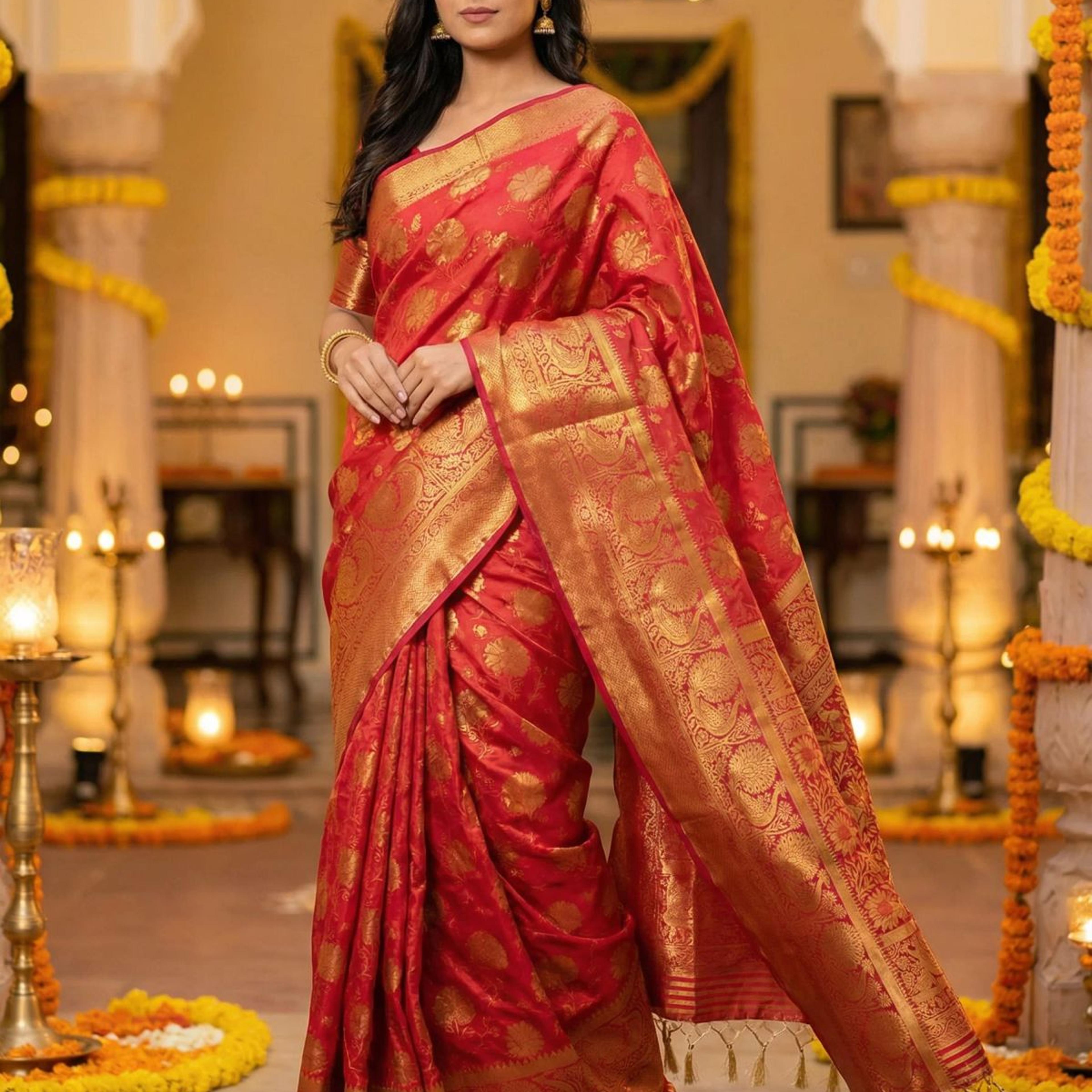 MIMOSA Women's Woven Design Kanjivaram Style Art Silk Saree with Blouse Piece - Strawberry ( SA00003142STFREE )