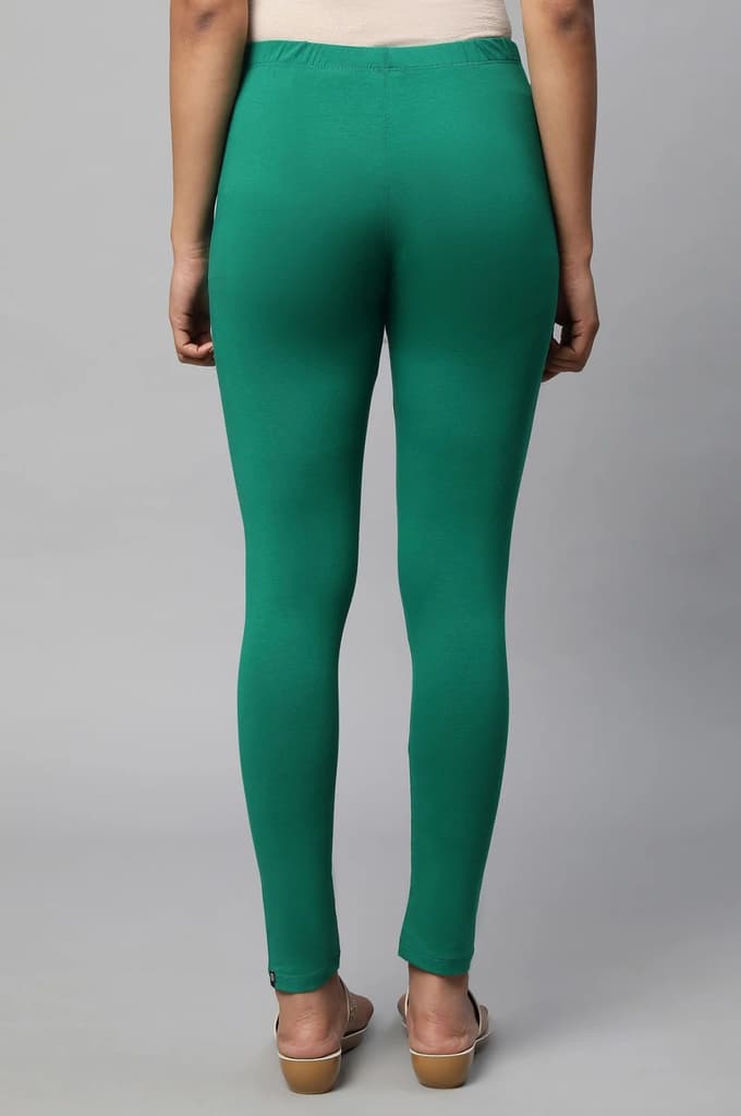 Green Solid Skinny Fit Cotton Tights With Elasticated Waist — photo 2