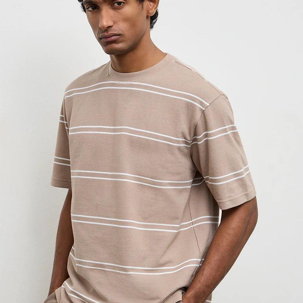WES Lounge Beige Striped Relaxed-Fit Cotton T-Shirt