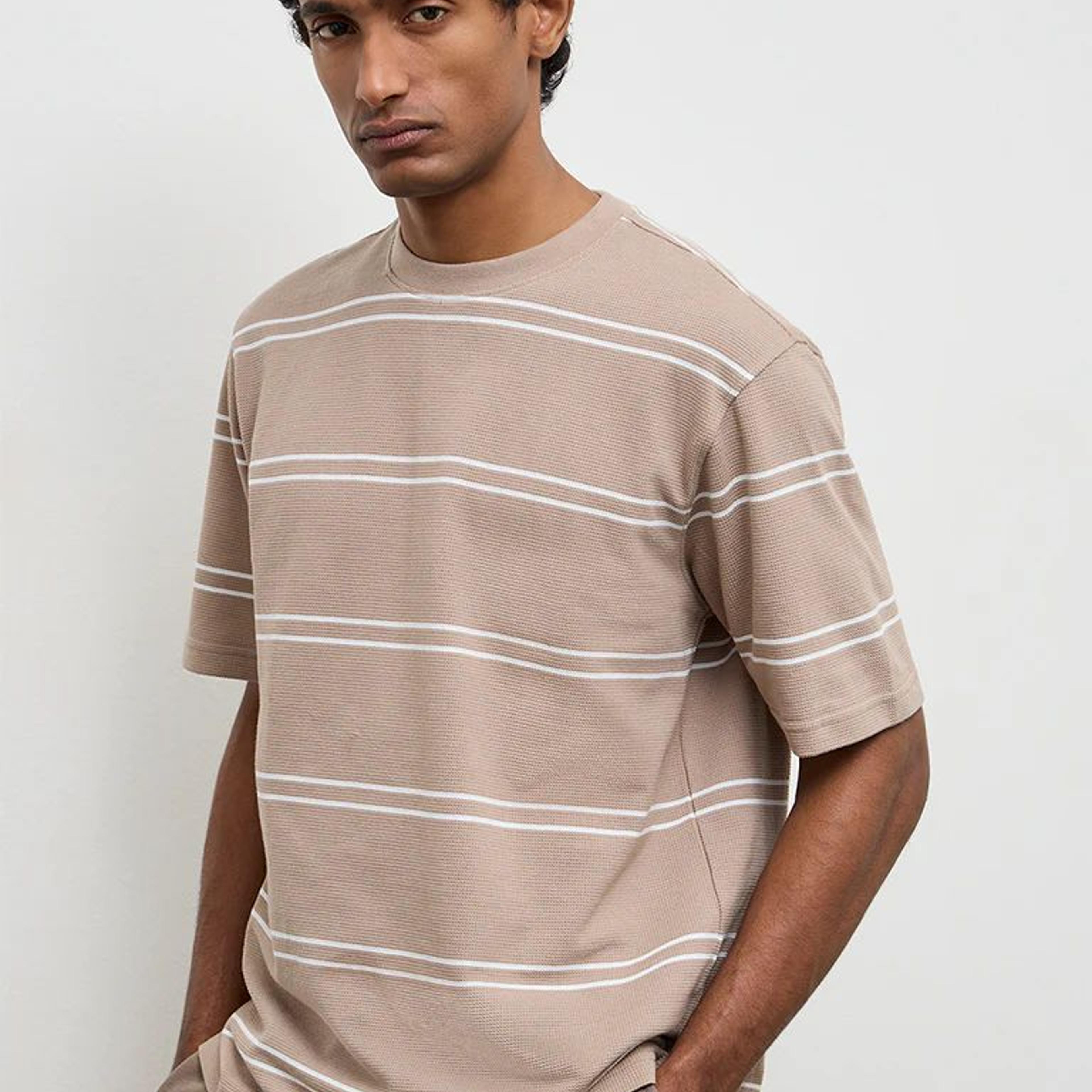 WES Lounge Beige Striped Relaxed-Fit Cotton T-Shirt