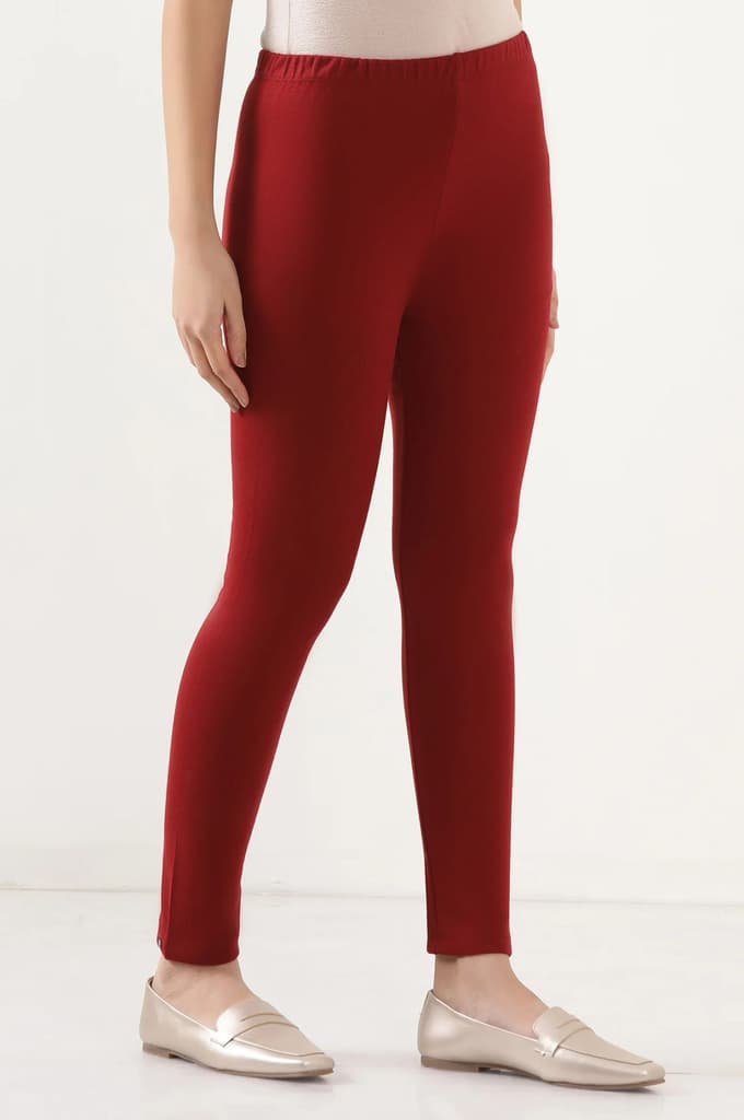Maroon Solid Skinny Fit Cotton Tights With Elasticated Waist — photo 4