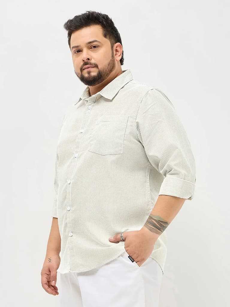 Plus Men's Light Olive Cotton Full Sleeve Regular Fit Casual Striped Shirt — photo 3