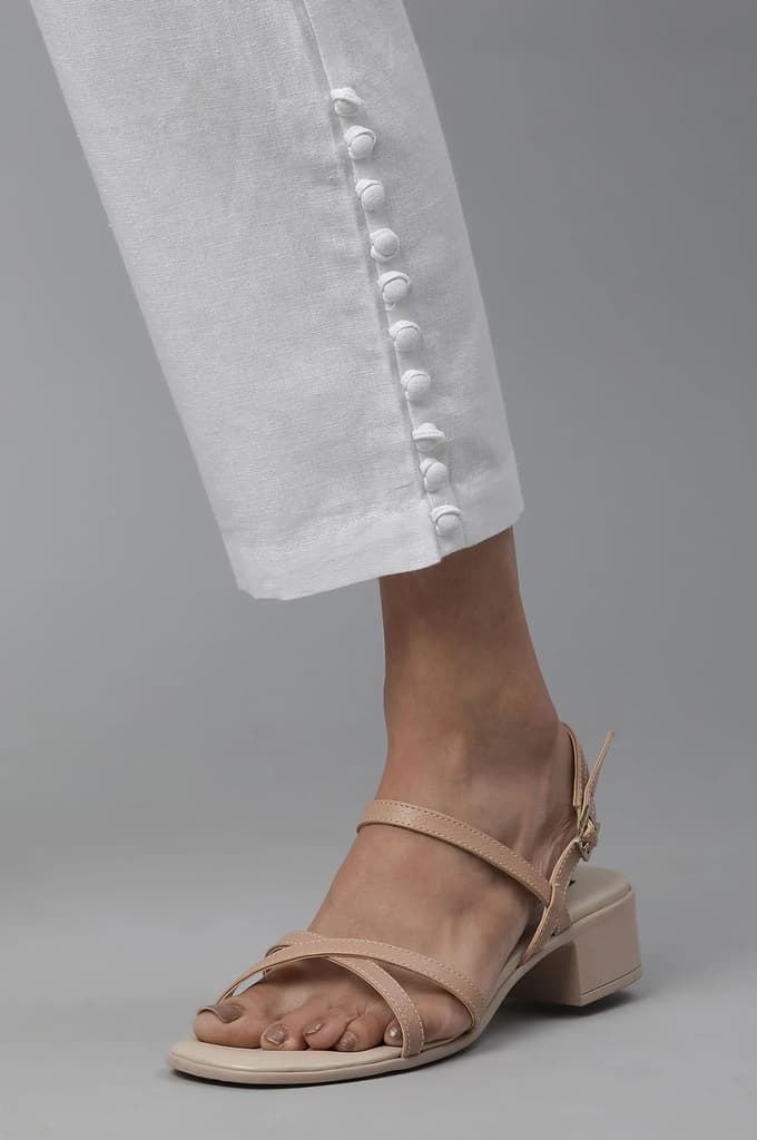 White Solid Straight Fit Cotton Trousers With Button Detail — photo 8