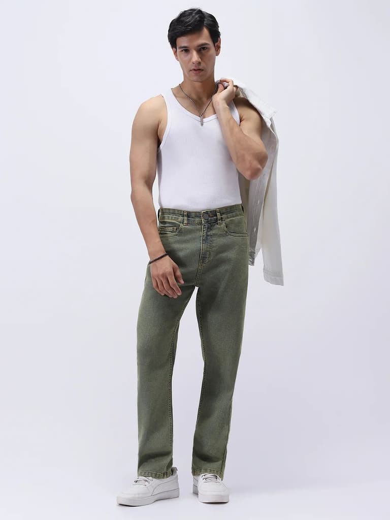 Men's Ice Blue Straight Fit Heavy Washed Jeans Stretchable — photo 5