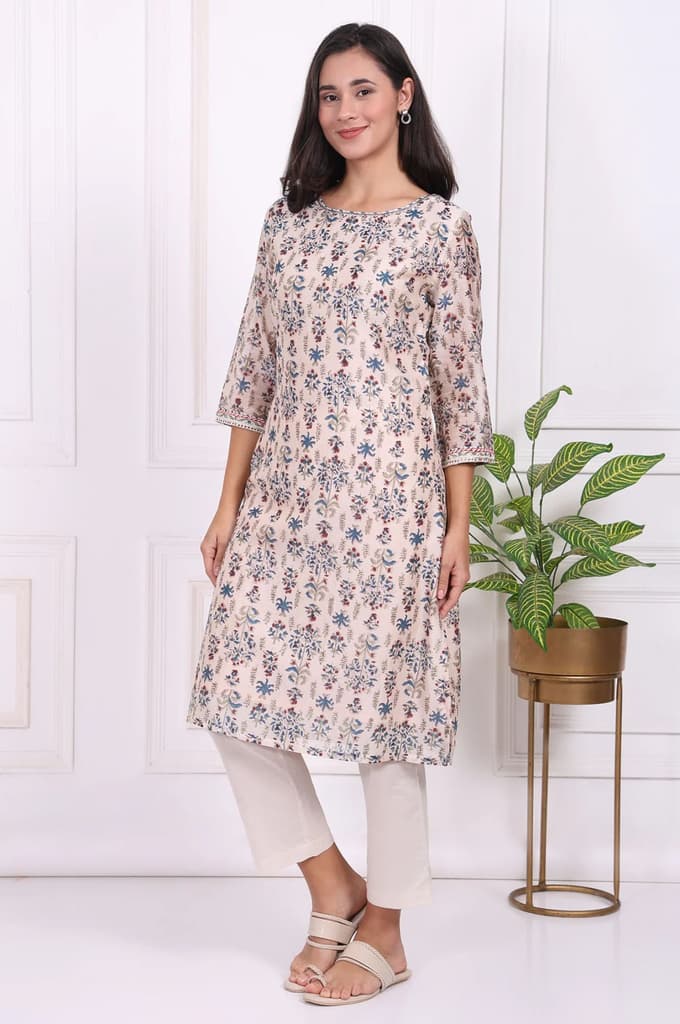 Beige Floral Printed Thread Embroidered Cotton Silk Straight Kurta — photo 4