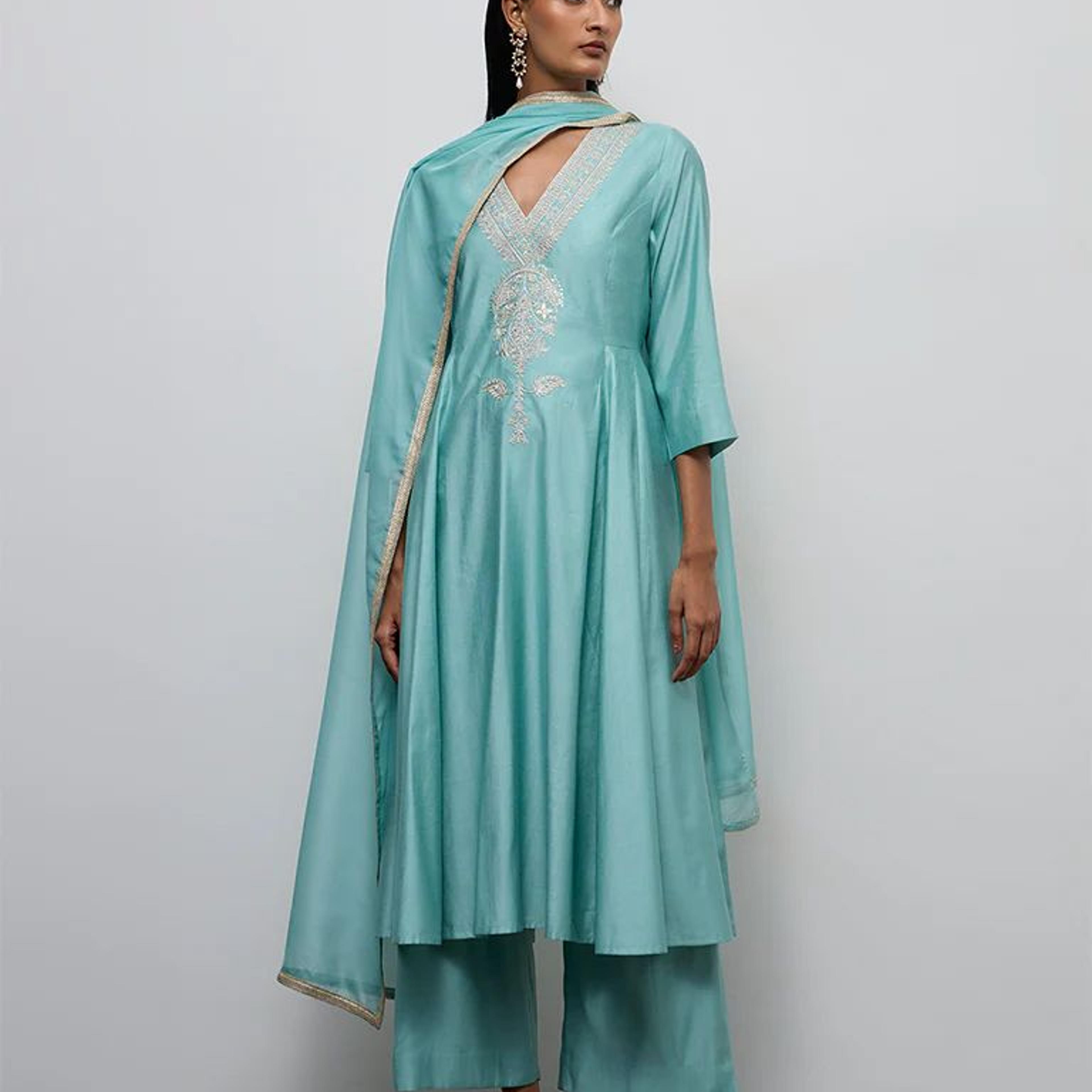 Vark Aqua Embroidered Anarkali Ethnic Set