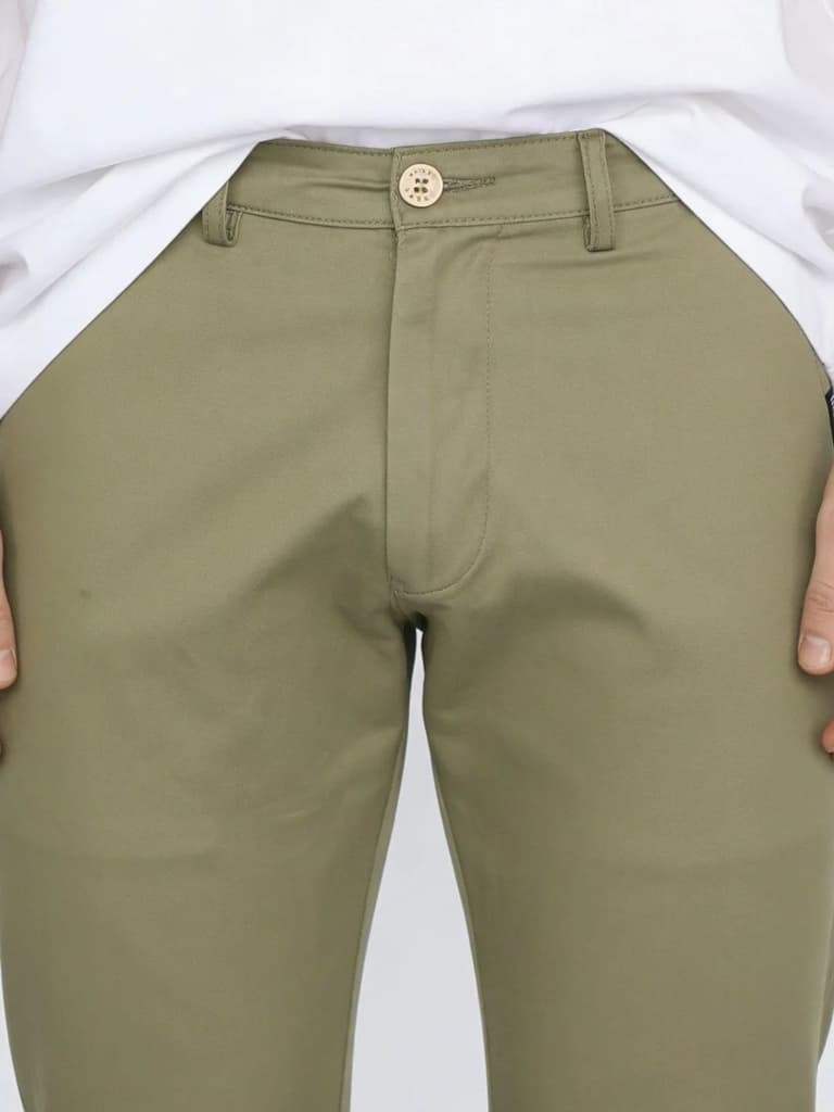 Men's Light Olive Straight Fit Mid Rise Cotton Casual Chinos Trousers Stretch — photo 5