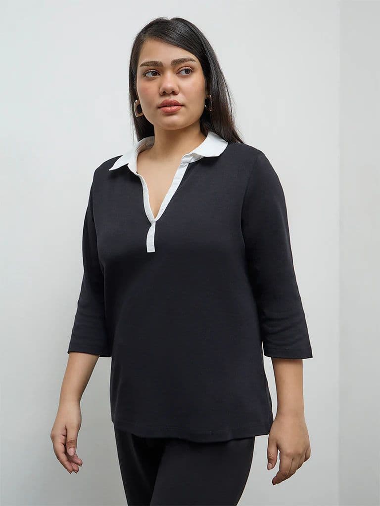 Gia Black Solid Cotton Blouse — photo 2