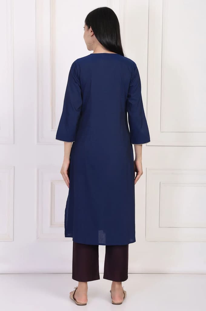 Navy Blue Embroidered A-Line Rayon Kurta — photo 5