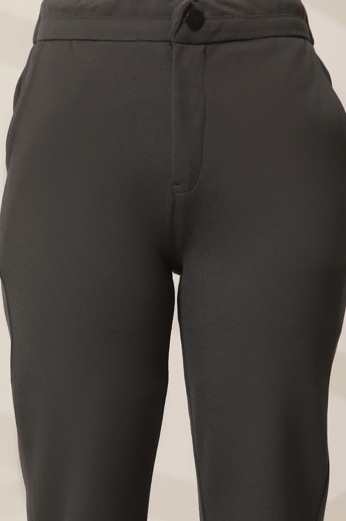 Grey Solid Straight Fit Pants With Button Closure — photo 6