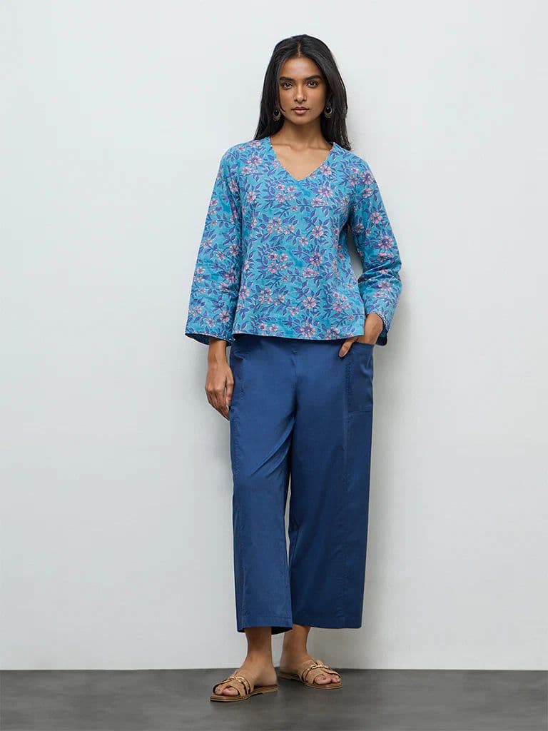 Utsa Blue Floral Pattern Cotton Tunic