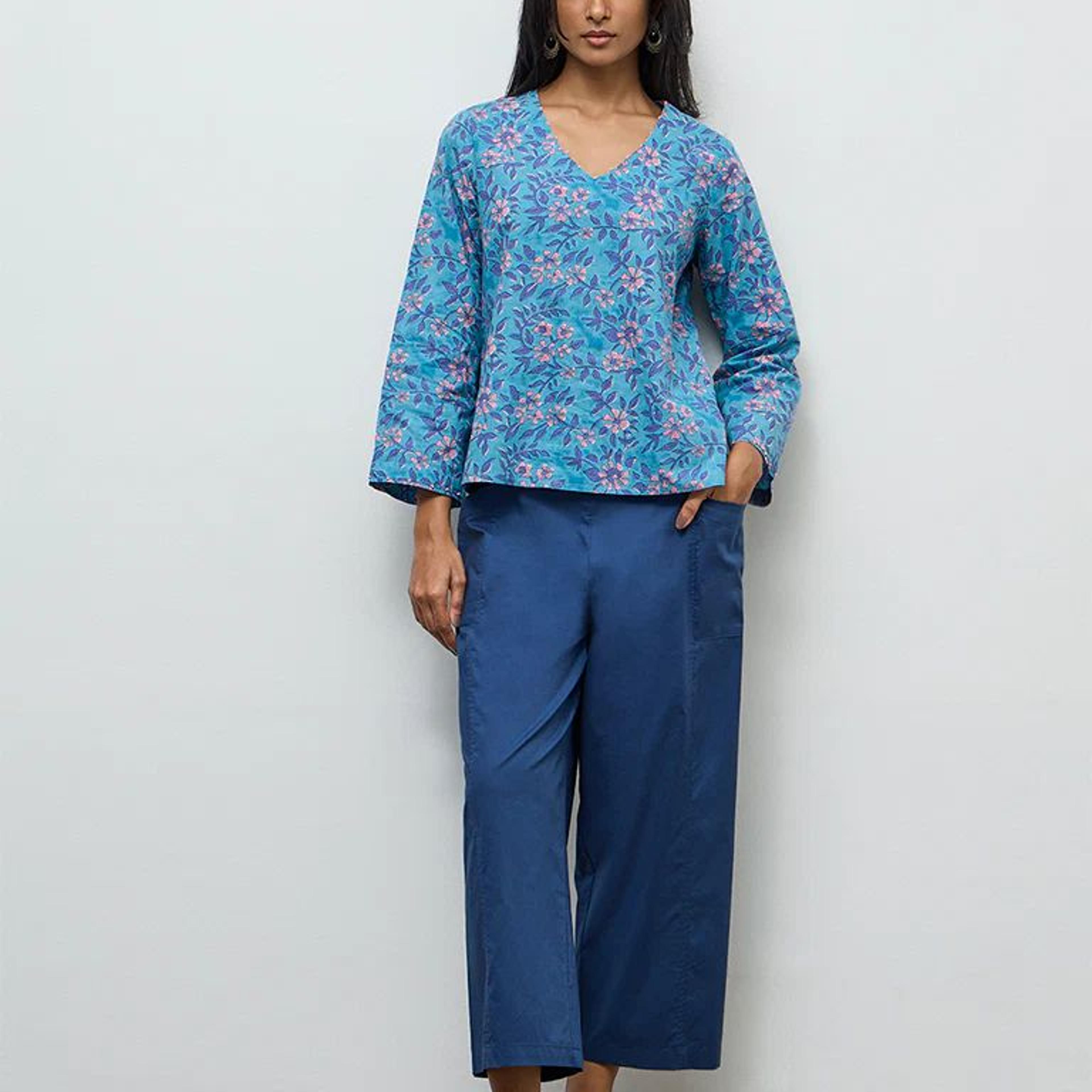 Utsa Blue Floral Pattern Cotton Tunic