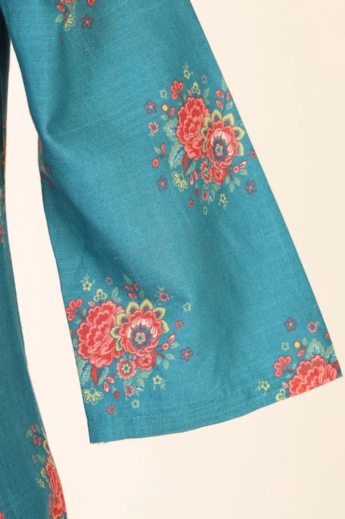 Teal Floral Printed Cotton Flax Flared Kurta — photo 7