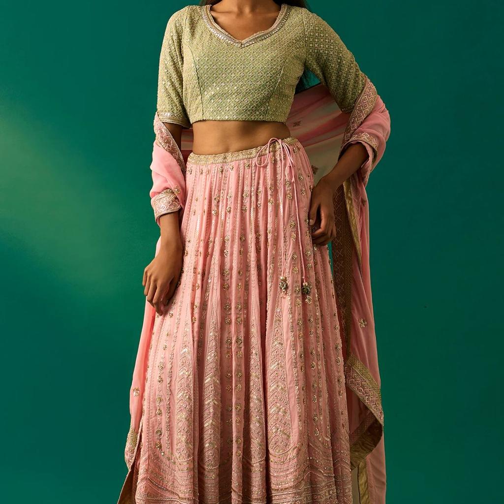 Green Embroidered Anarkali Blouse with Skirt and Dupatta Set