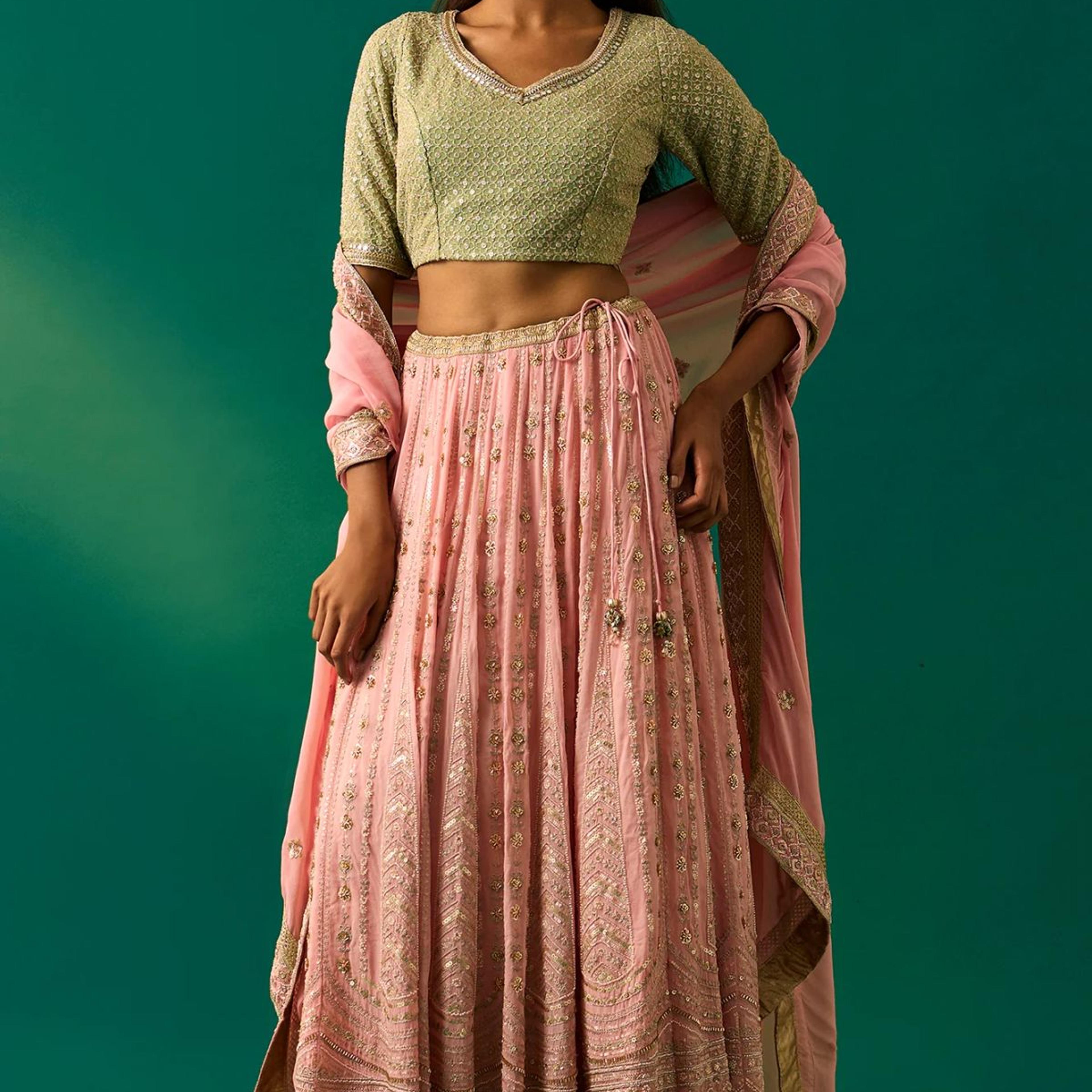 Green Embroidered Anarkali Blouse with Skirt and Dupatta Set