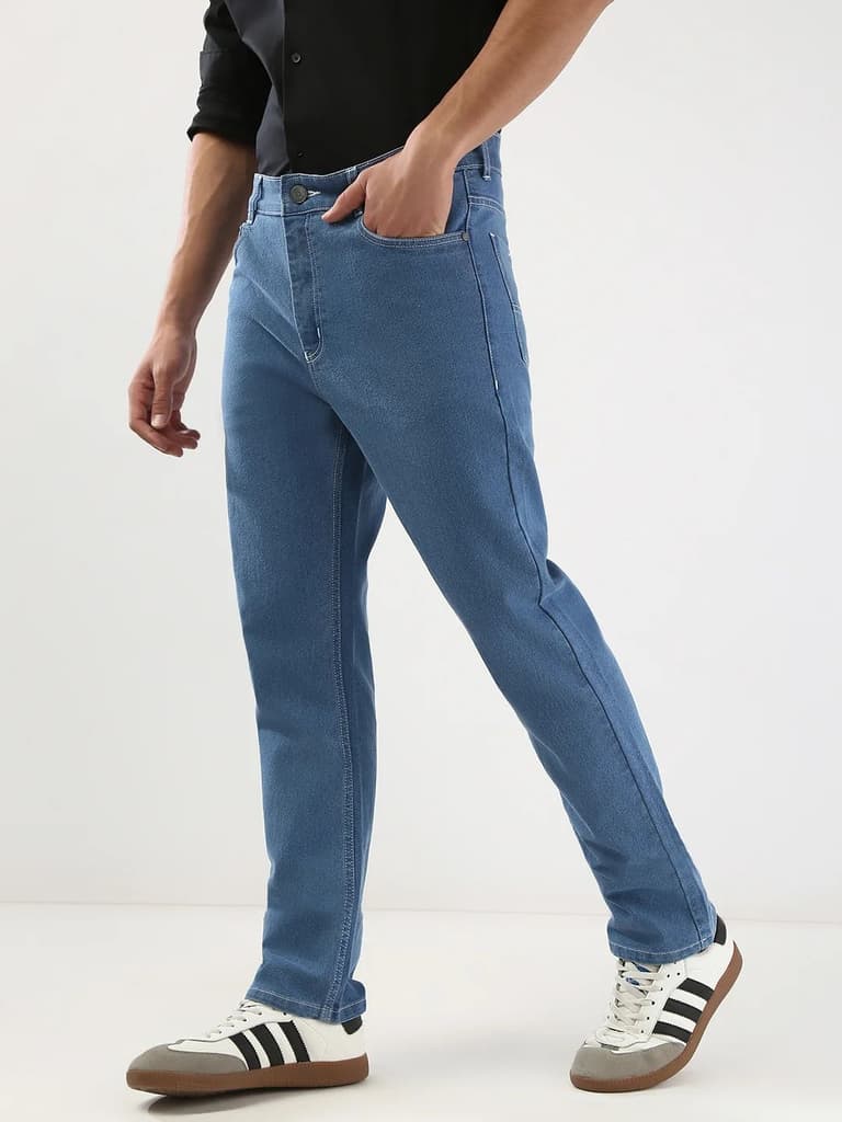 Men's Light Blue Straight Fit Washed Jeans Stretchable — photo 2