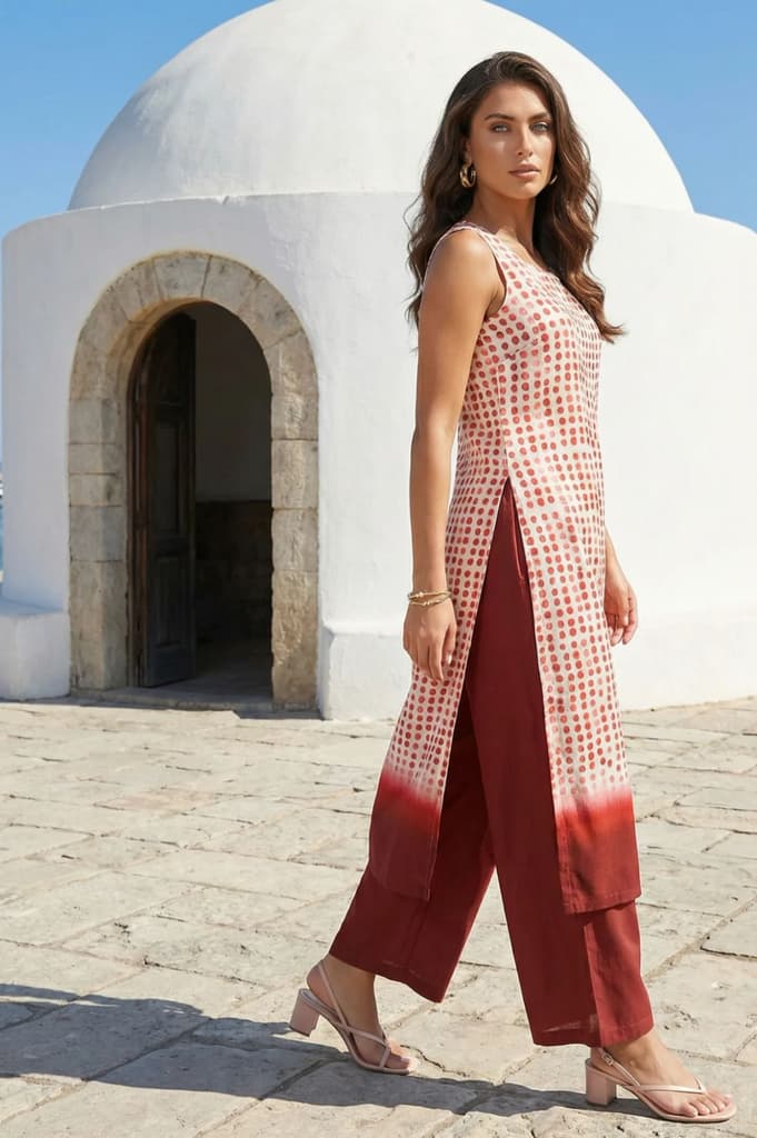 Off White Polka Dots Printed Rayon Sleeveless Straight Kurta with Pants Co-ord Set — photo 4