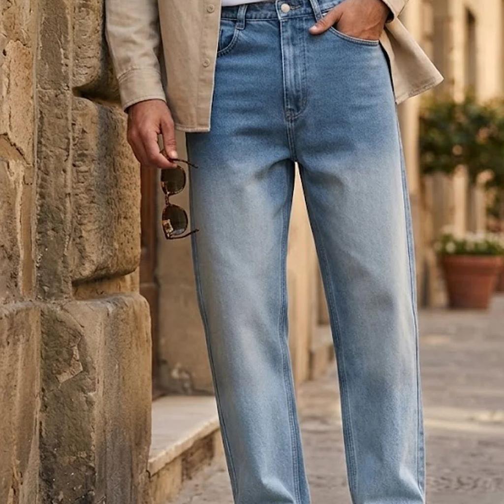 Men's Light Blue Loose Baggy Fit Heavy Washed Faded Denim Jeans Non-Stretchable