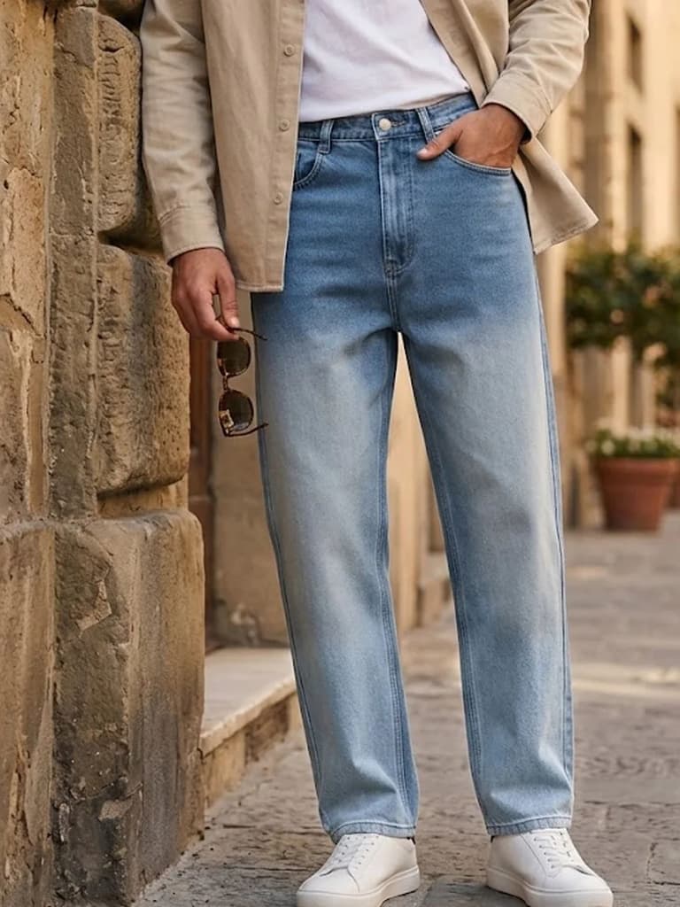 Men's Light Blue Loose Baggy Fit Heavy Washed Faded Denim Jeans Non-Stretchable — 28 / Light Blue