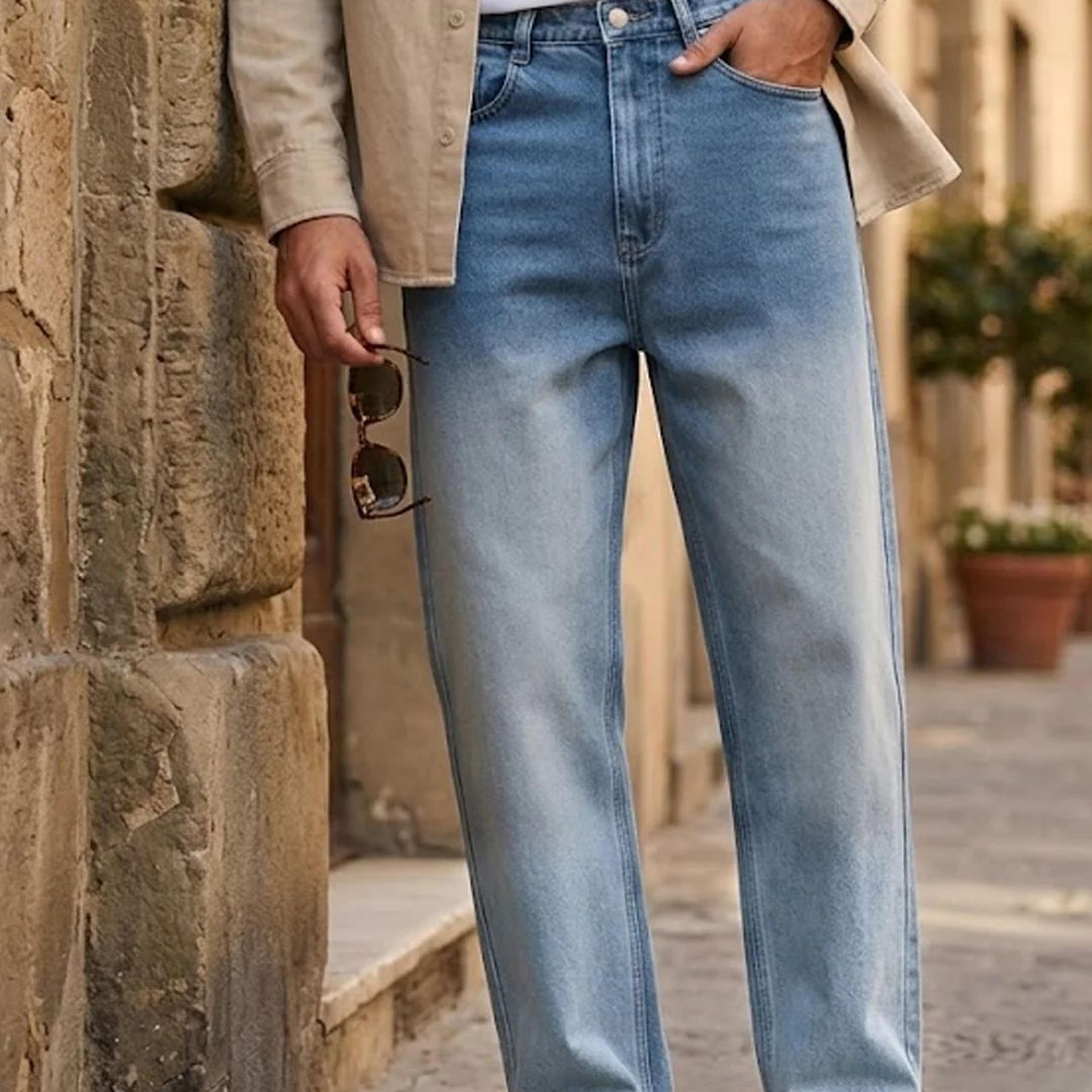 Men's Light Blue Loose Baggy Fit Heavy Washed Faded Denim Jeans Non-Stretchable