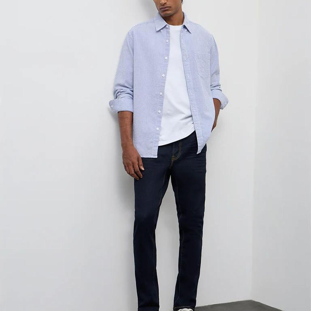 WES Casuals Blue Striped Slim-Fit Cotton Shirt