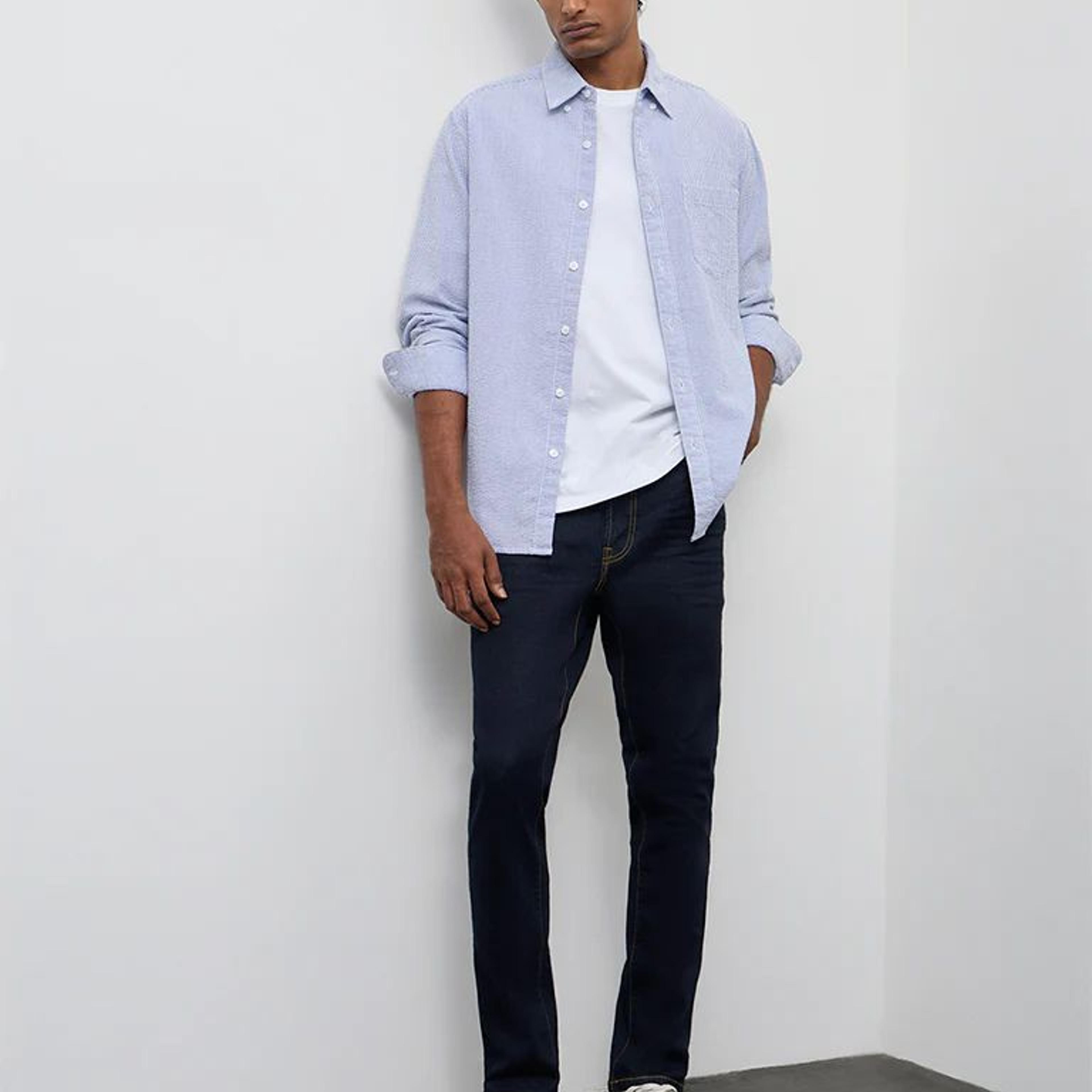 WES Casuals Blue Striped Slim-Fit Cotton Shirt