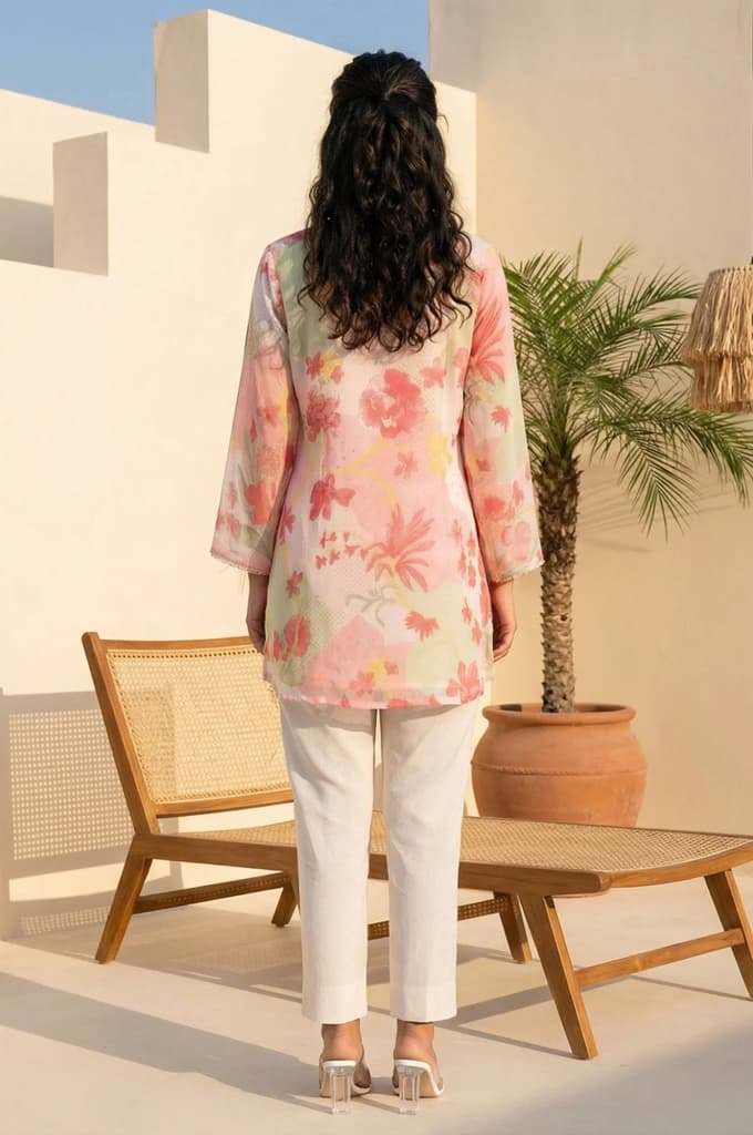 Pink Floral Printed Lace Silver Chiffon Straight Top — photo 5