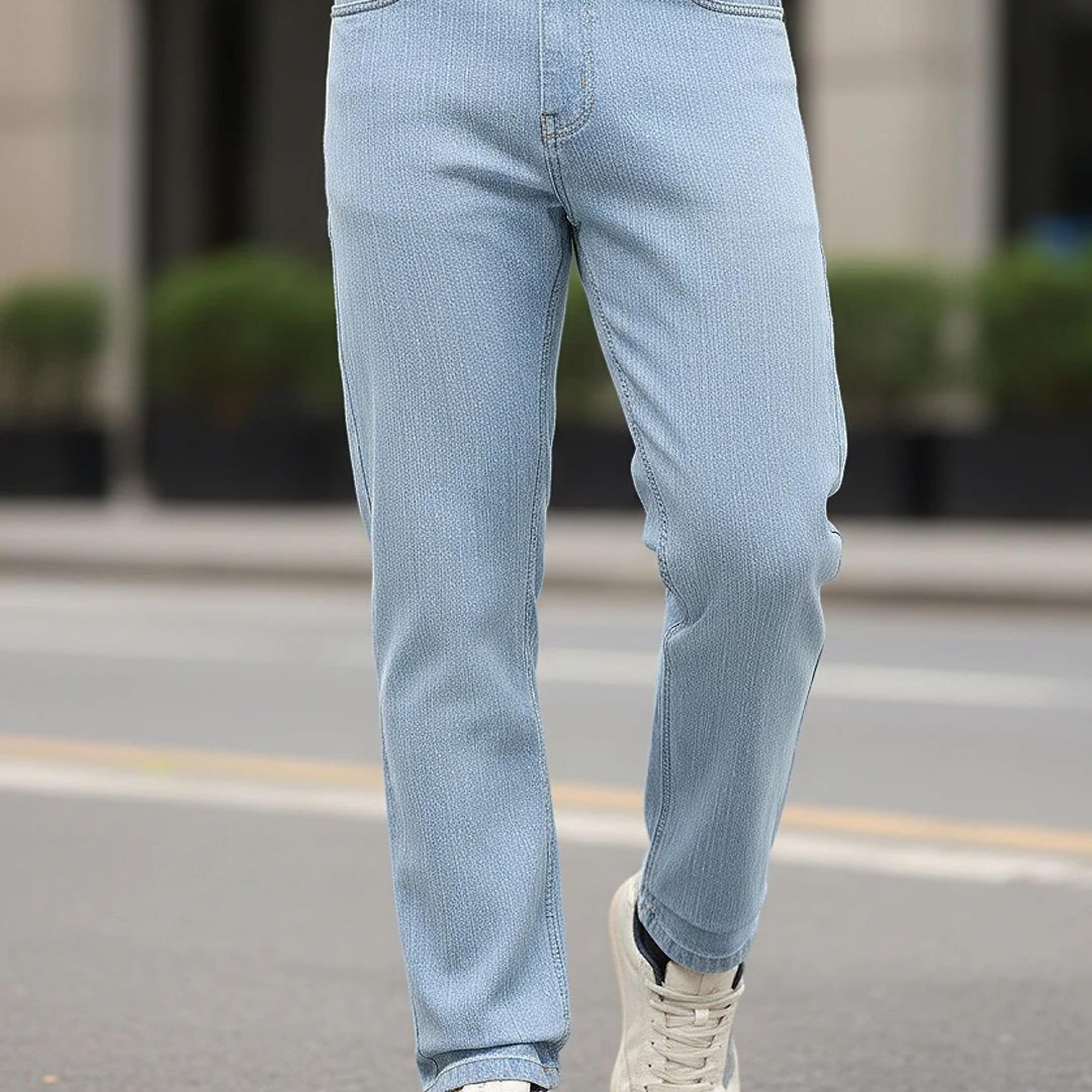 Men's Ice Blue Straight Fit Washed Denim Jeans Stretchable
