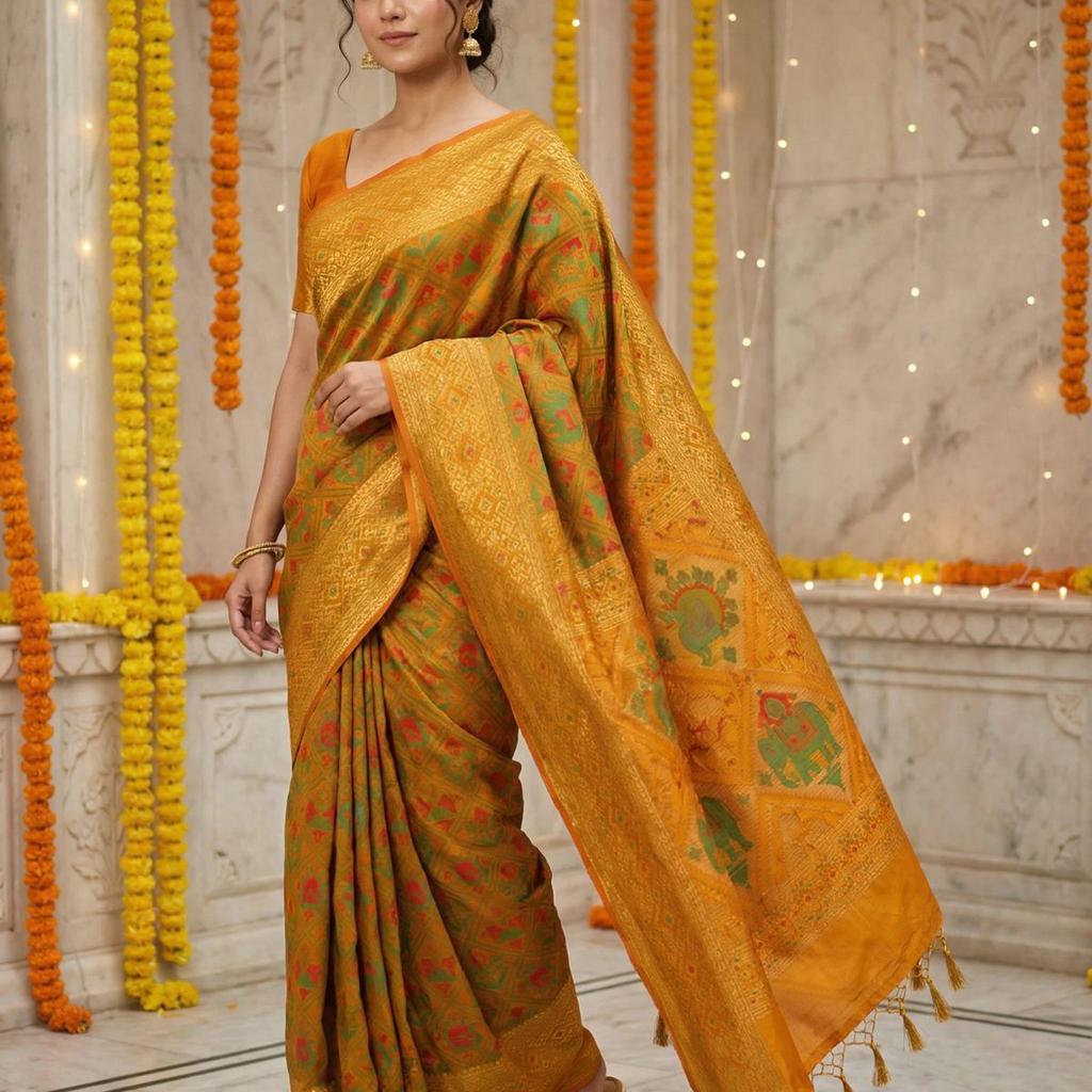 MIMOSA Women's Woven Design Paithani Style Raw Silk Saree with Blouse Piece - Mustard ( SA00003128MSFREE )