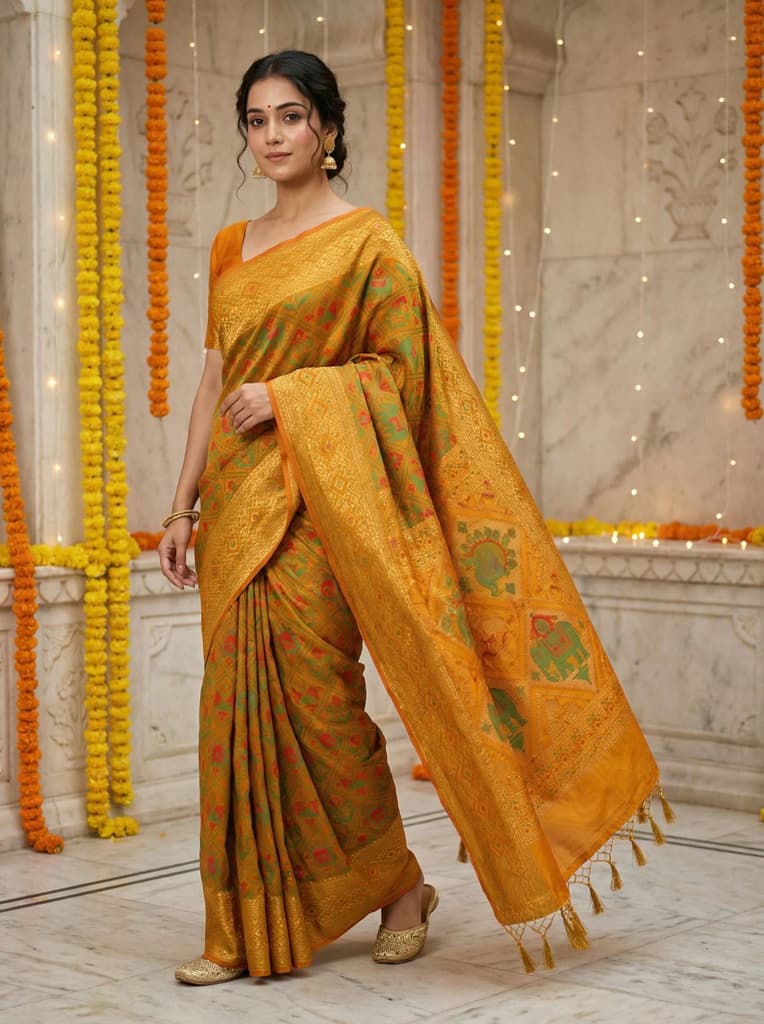 MIMOSA Women's Woven Design Paithani Style Raw Silk Saree with Blouse Piece - Mustard ( SA00003128MSFREE )
