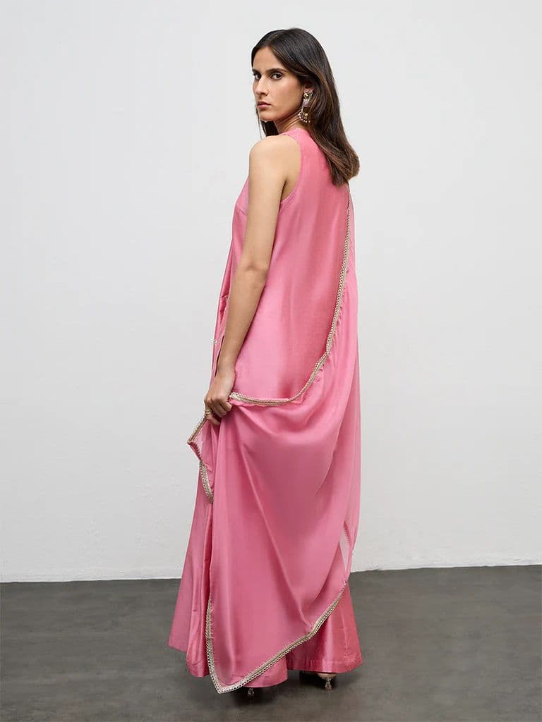 Vark Pink Floral Embroidered A-Line Ethnic Set — photo 4