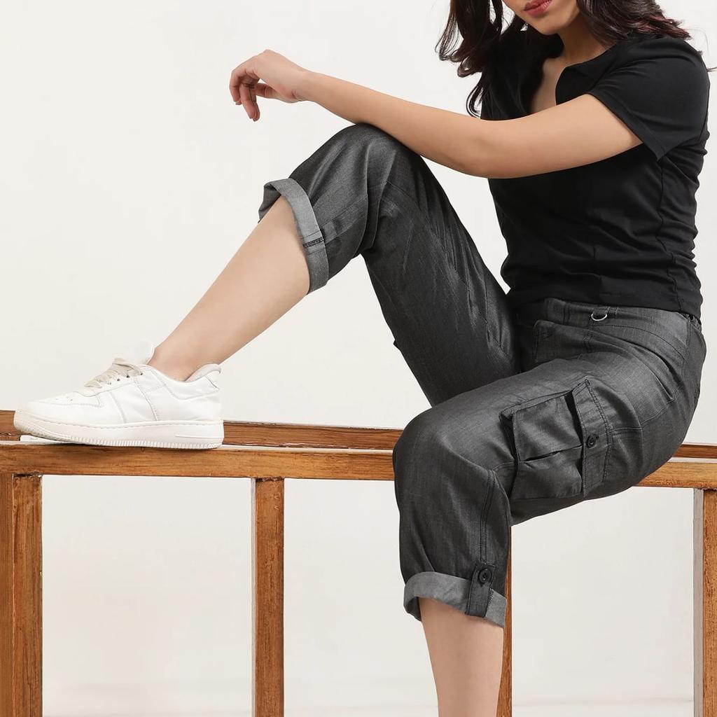 Black Solid Straight Fit Lyocell Pants With Elasticated Waist