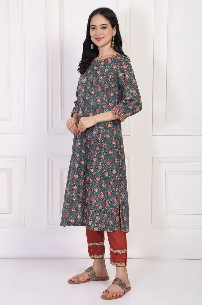 Green Floral Block Printed Embroidered A-Line Cotton Kurta — photo 4