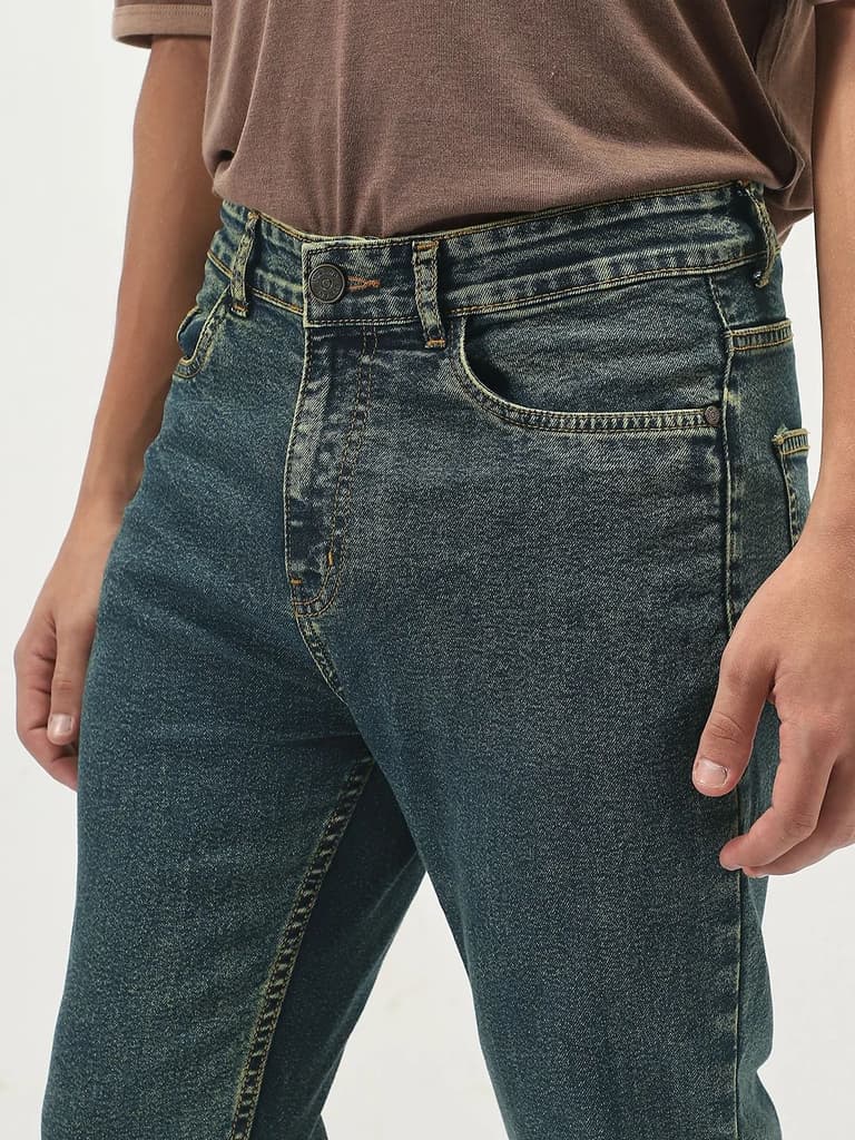 Men's Blue Straight Fit Heavy Washed Jeans Stretchable — photo 5