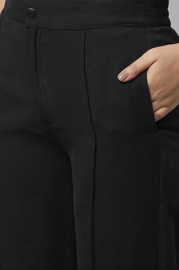 Black Solid Straight Fit Woven Pants With Pintuck Detail — photo 7