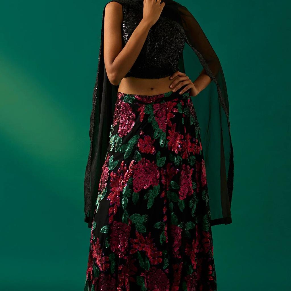Black Sequin Embellished Straight Blouse with Skirt and Dupatta Set