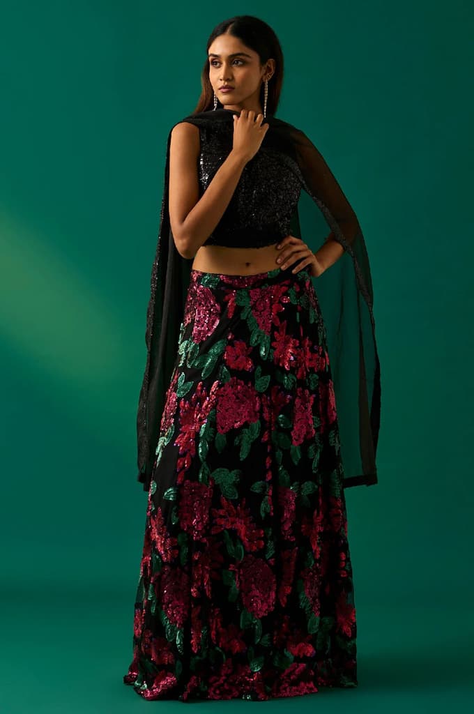 Black Sequin Embellished Straight Blouse with Skirt and Dupatta Set — XS