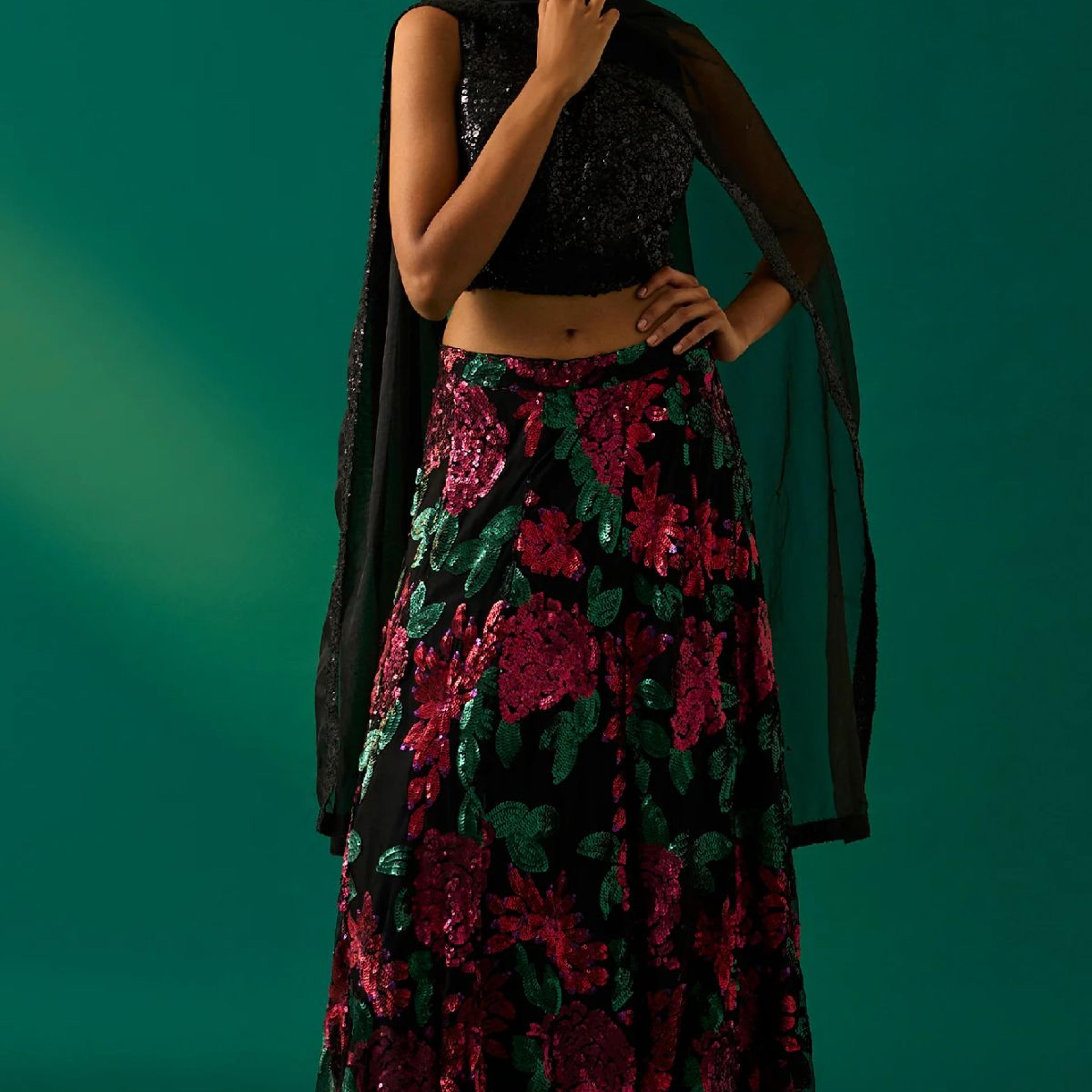 Black Sequin Embellished Straight Blouse with Skirt and Dupatta Set