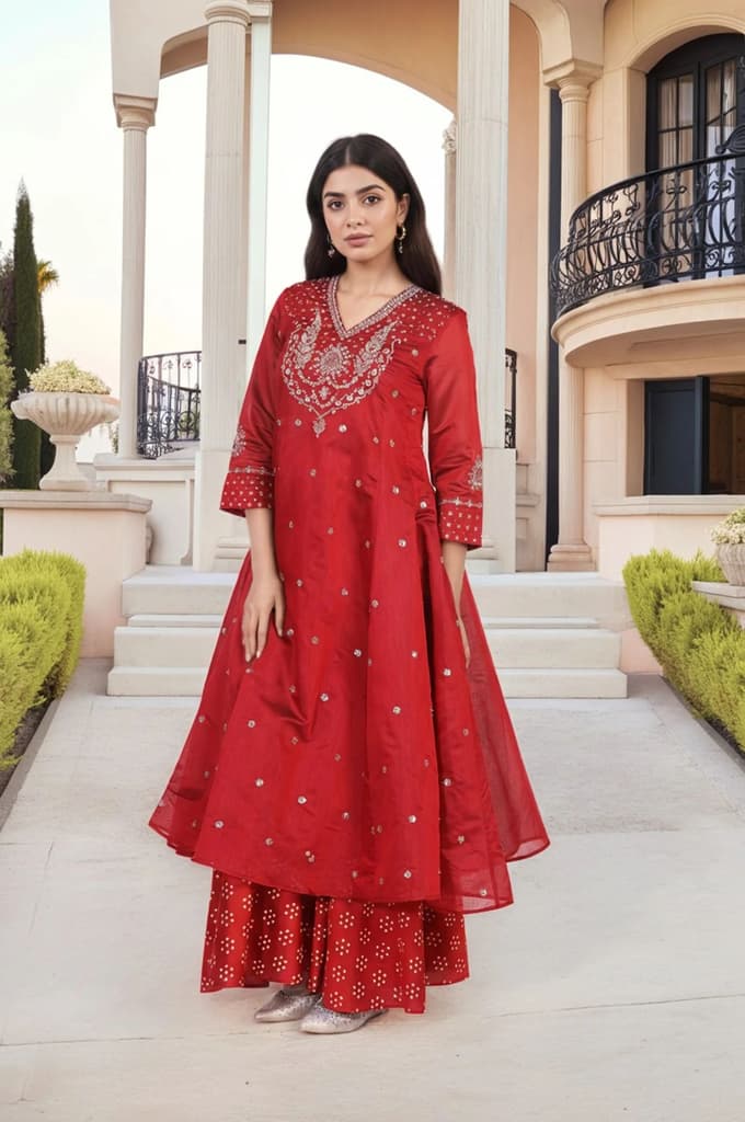 Red Embellished Flared Kurta with Sharara and Dupatta Set — photo 6
