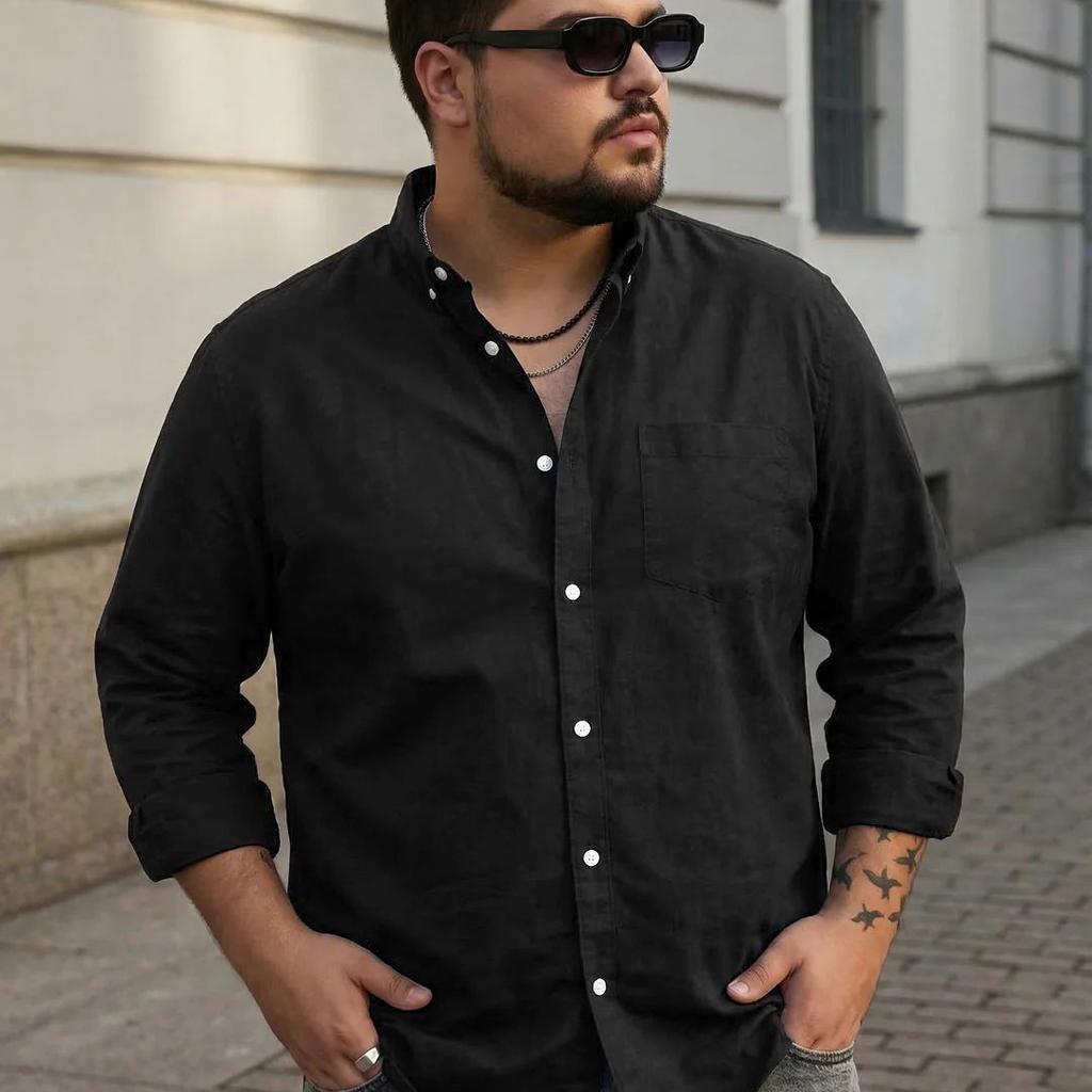 Plus Men's Black Cotton Full Sleeve Regular Fit Solid Oxford Shirt With Button-Down Collar