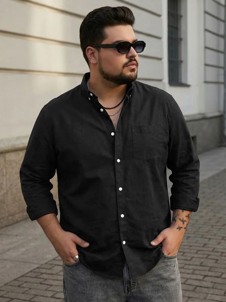 Plus Men's Black Cotton Full Sleeve Regular Fit Solid Oxford Shirt With Button-Down Collar — 2XL / Black