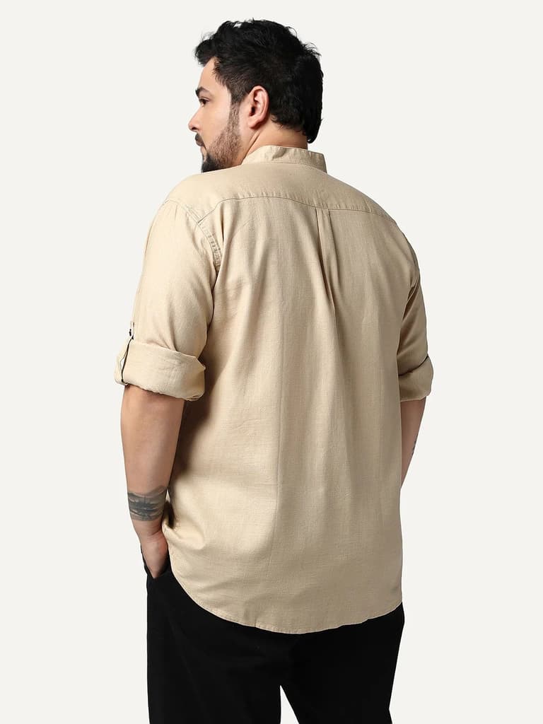 Plus Men's Beige Linen Blend Full Sleeve Relaxed Fit Mandarin Collar Casual Solid Shirt — photo 3