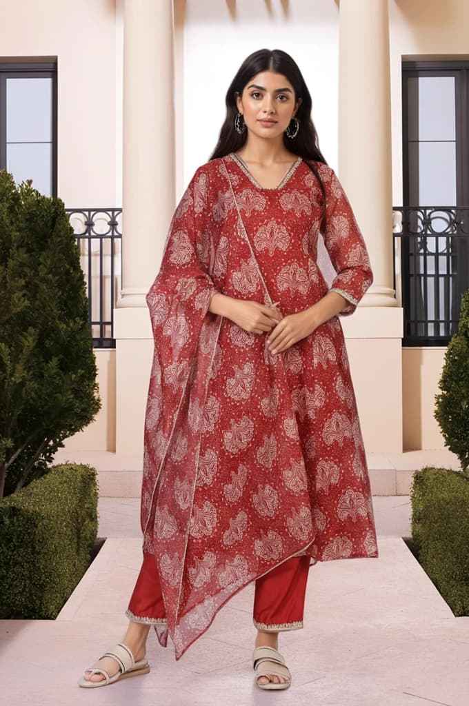 Red Ethnic Motifs Printed Embellished Anarkali Organza Kurta with Straight Pant and Dupatta Set — photo 2