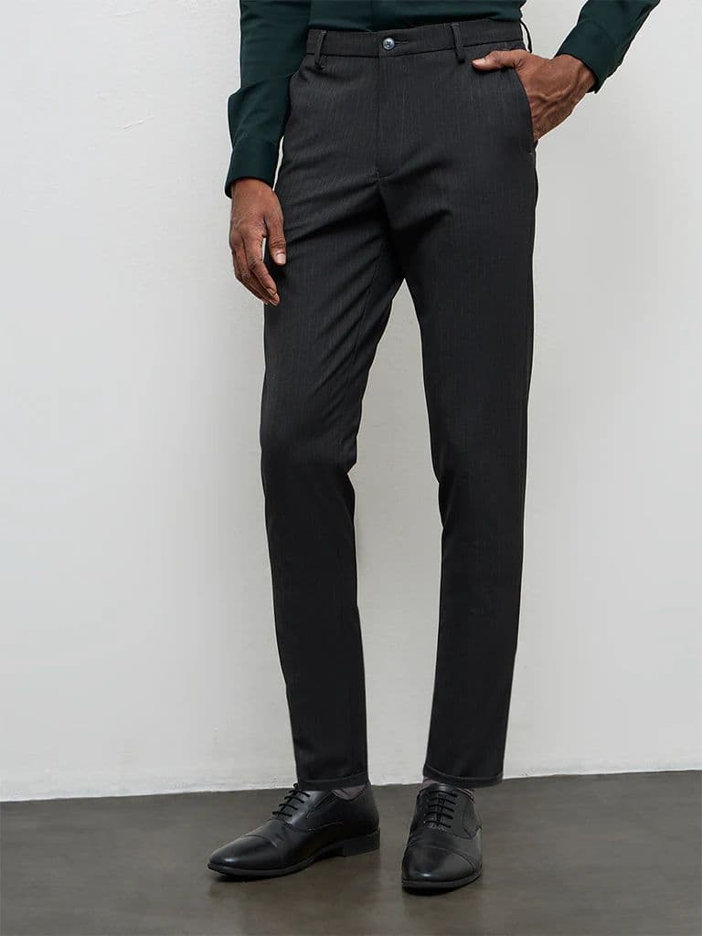 WES Formals Charcoal Pinstripe Relaxed-Fit Mid-Rise Trousers — photo 2