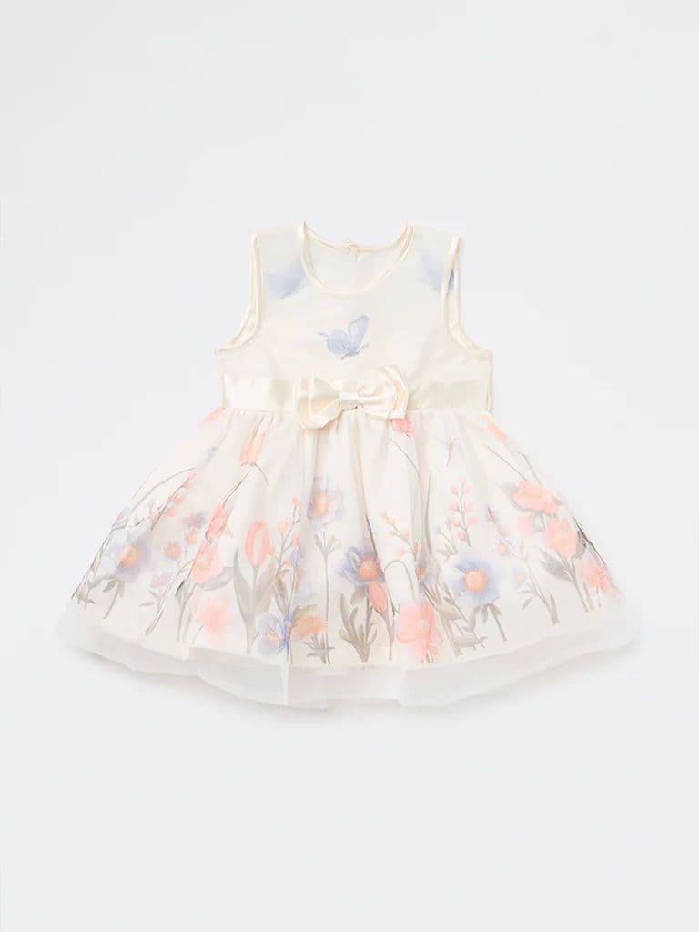 HOP Baby Girls Ivory Floral Printed Fit and Flare Dress — photo 2