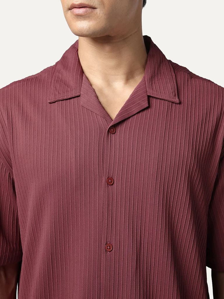 Men's Light Maroon Cotton Half Sleeve Oversized Fit Textured Shirt with Cuban Collar — photo 5