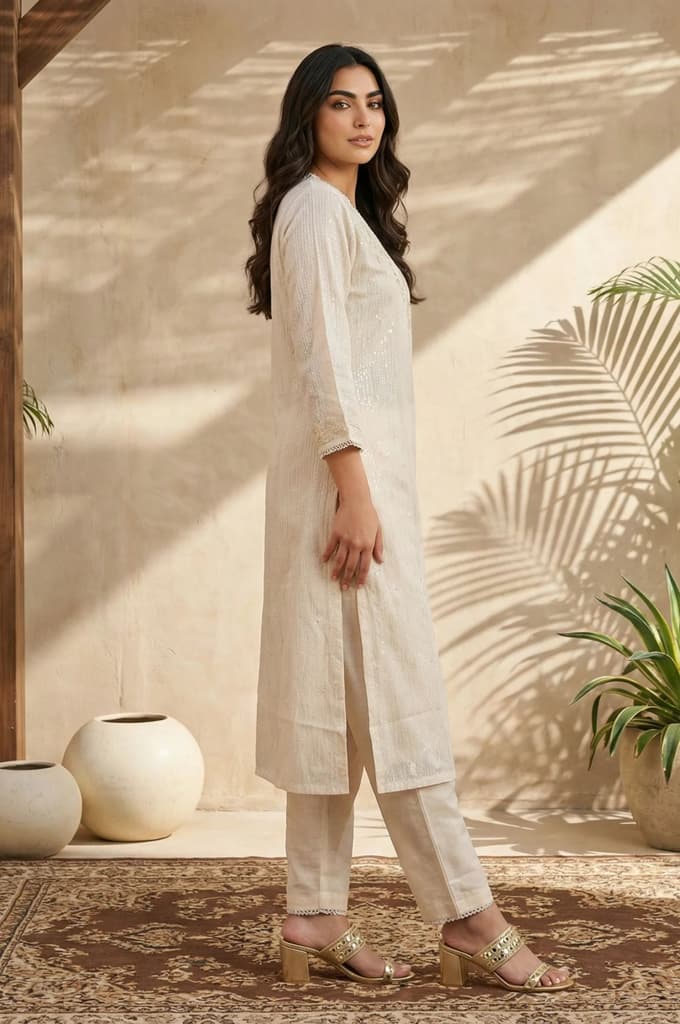 Beige Embroidered Rayon Straight Kurta with Pants Set — photo 5