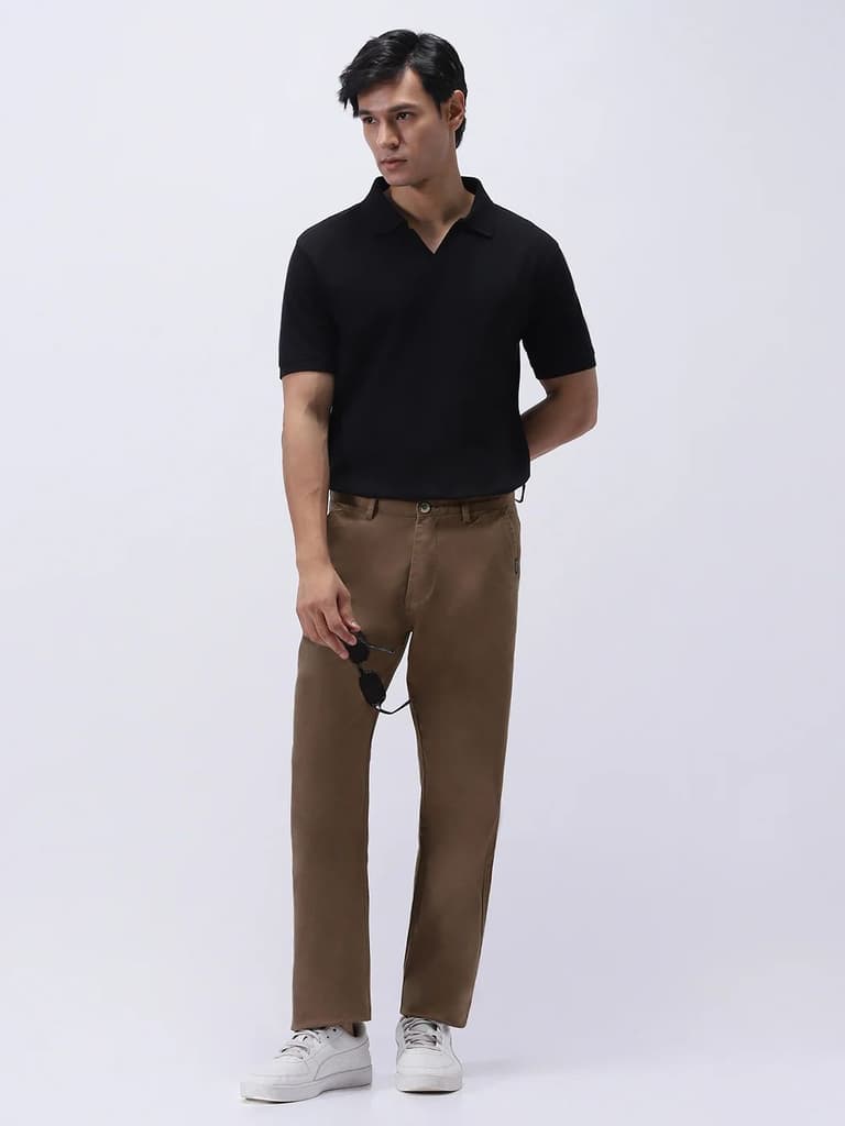 Men's Dark Taupe Cotton Regular Fit Casual Chinos Trousers Stretch — photo 4