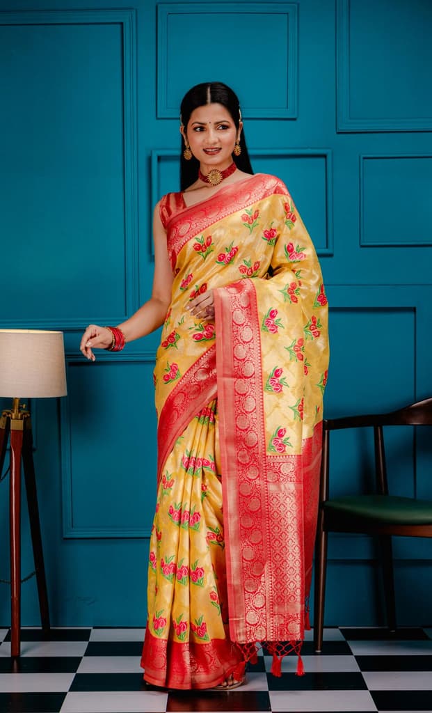 Mimosa Women's Woven Design Banarasi Style Art Silk Saree With Blouse Piece : SA00001606GDFREE — Gold